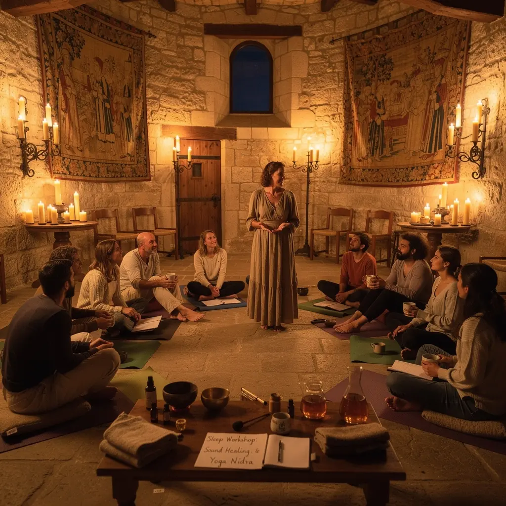 Un grupo de personas meditando en un jardín bajo la luz de la luna.