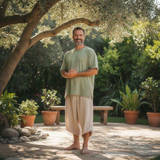 Practicante de yoga meditando al atardecer en un entorno tranquilo.